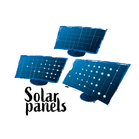 Vector collection of solar panels drawn in the technique of rough brush and isolated on white backgroundのイラスト素材