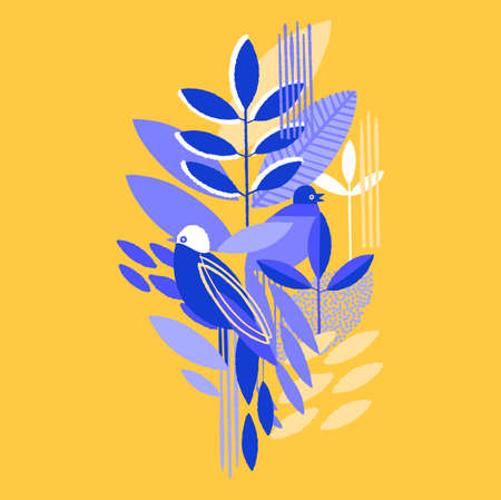 Abstract modern vector design of minimalistic leaves and birds in vibrant colors isolated on yellow backgroundのイラスト素材