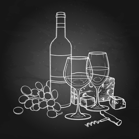 Two watercolor glasses of wine, bottle, grapes, cheese and corkscrewのイラスト素材