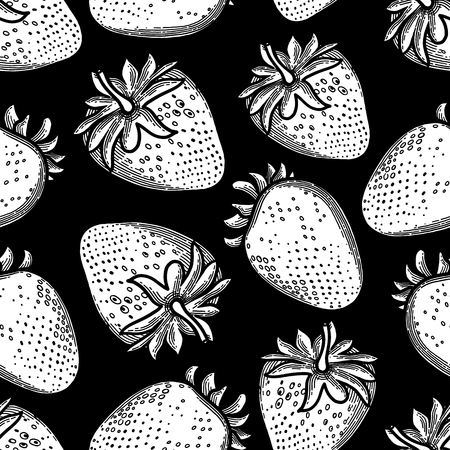 Graphic strawberries. Vector botanical seamless pattern over the black backgroundのイラスト素材