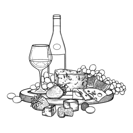 Graphic wine glass and bottle decorated with delicious foodのイラスト素材