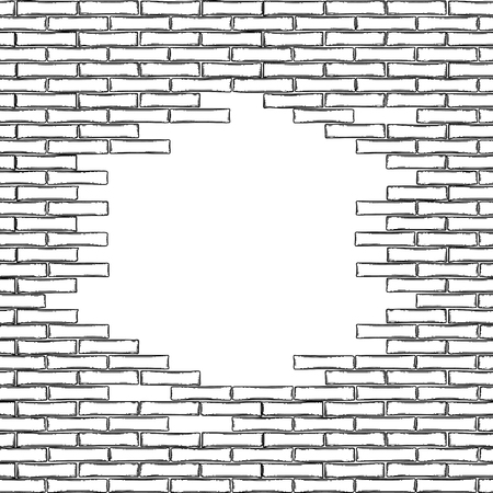 Graphic brick wall with punched hole of circular shape. Vector architectural design. Can be combined on the edges with repeated seamless patternsのイラスト素材