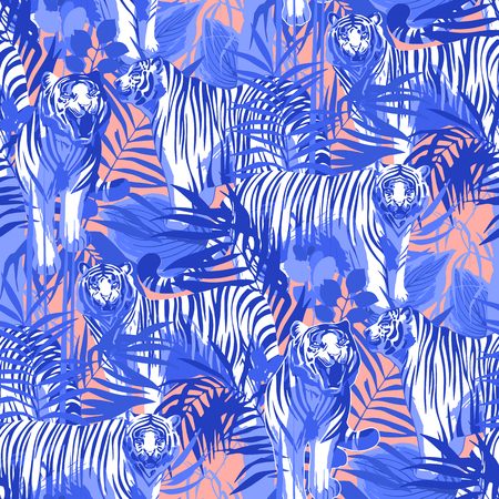 Graphic seamless patterns of tigers in different poses surrounded by exotic leaves. Vector trendy designのイラスト素材