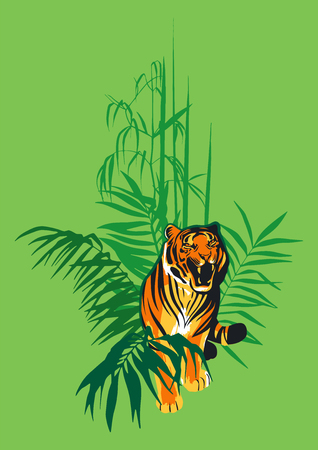 Walking and snarling tiger surrounded by tropical leaves. Vector exotic illustrationのイラスト素材