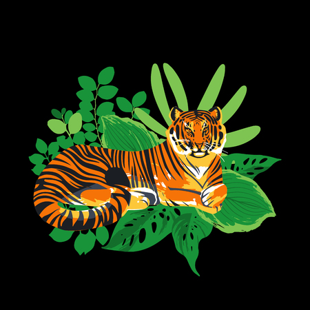 Graphic tiger having a rest among exotic leaves.の写真素材