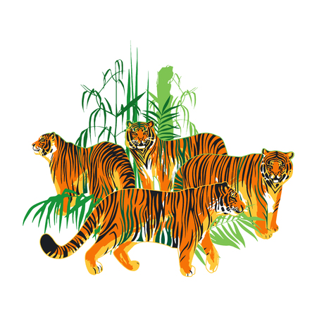Four graphic tigers standing and walking among the exotic leaves and trees. Vector art isolated on white backgroundのイラスト素材