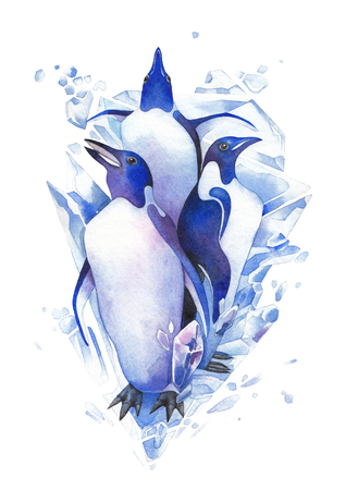 Three watercolor penguins surrounded by cracking ice blocks.の写真素材
