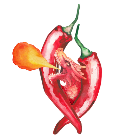 Roaring watercolor dragon decorated with two chili peppersの写真素材