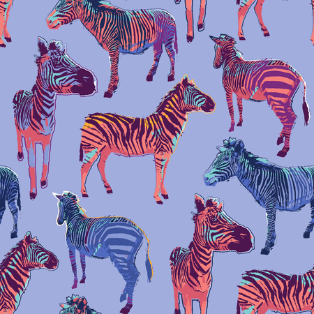 Graphic seamless pattern of standing zebras drawn in the technique of rough brushのイラスト素材