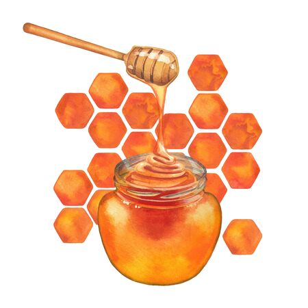 Watercolor meadow honey flowing from the stick to the bottleの写真素材