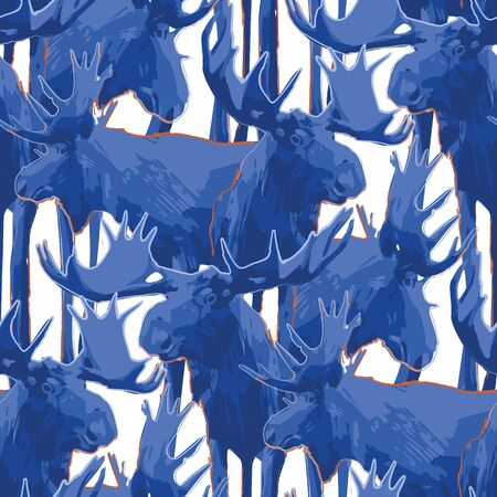 Standing moose. Vector repeated seamless pattern drawn with rough brush in contrast colorsのイラスト素材