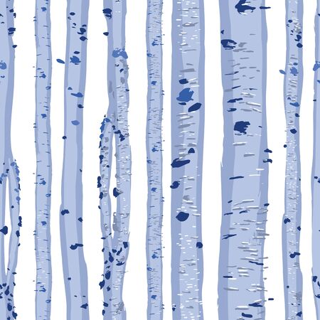 Graphic trunks of birch trees. Forest mood. Vector repeated seamless pattern drawn with rough brush in blue colorsのイラスト素材