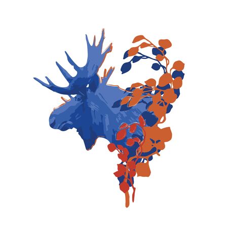 Moose head in the side view decorated with leaves. Vector illustration drawn with rough brush in contrast colorsのイラスト素材