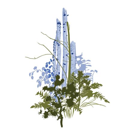 Mixed forest lanscape of fir trees, birch trees and bushes. Vector illustration drawn with rough brush in cold colorsのイラスト素材