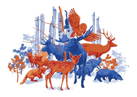 Group of different forest animals with birch trees and bushes on the background. Vector illustration drawn with rough brush in contrast colorsのイラスト素材