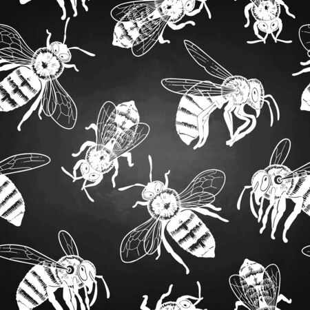 Graphic seamless pattern of realistic drawn honey bees. Vectorrepeated designのイラスト素材
