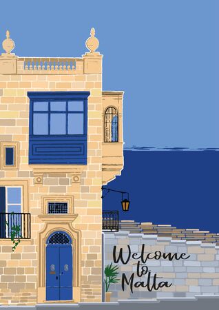 Traditional maltese house made of sandy stone bricks with various doors, windows and balconies and sea on the background. Vector isolated designのイラスト素材