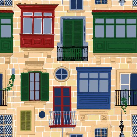 Maltese balconies and windows with various decorations and colors over the stone brick wallsのイラスト素材