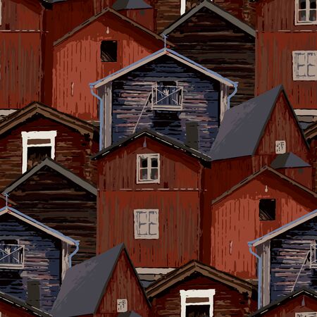 Seamless pattern of old traditional scandinavian wooden houses.のイラスト素材