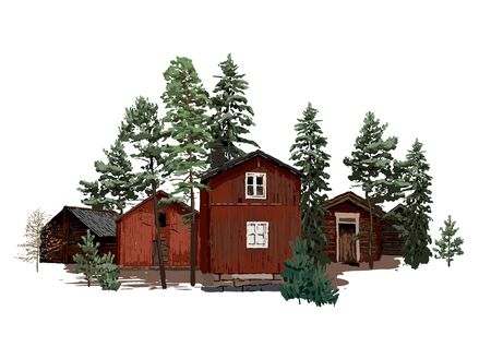Old traditional scandinavian wooden houses, surrounded by coniferous trees. Vector natural illustration isolated on white backgroundのイラスト素材