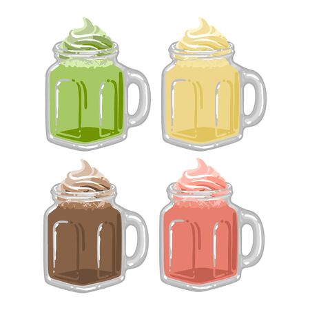 Glass square cups of milkshakes or coffee with whipped cream on the top. Matcha, strawberry, chocolate and vanilla tastes. Side view. Vector isolated collection of beveragesのイラスト素材