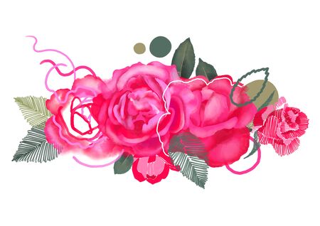 Floral bouquet made of digital roses painted in mixed techniques in vibrant colorsの写真素材
