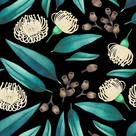 Seamless pattern of watercolor eucalyptus flowers and leaves.の写真素材