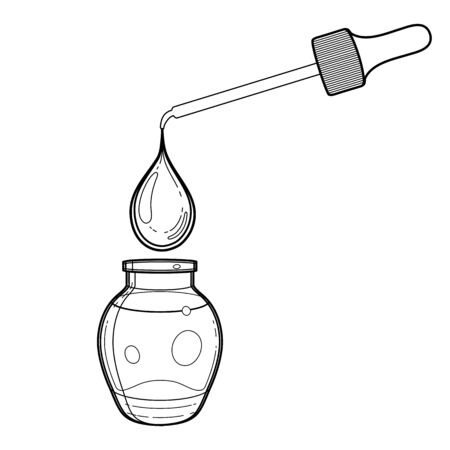 Graphic oil drop dripping from the dropper into the small glass bottle.のイラスト素材