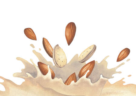 Watercolor splash of milk and almonds isolated on the white backgroundの写真素材