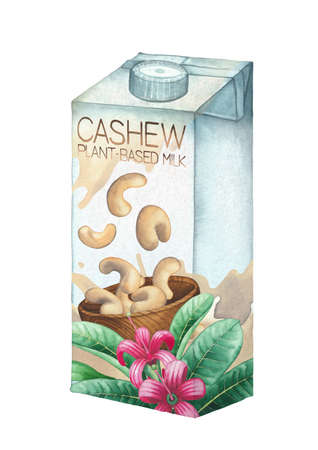 Watercolor carton of plant based cashew milk isolated on the white backgroundの写真素材
