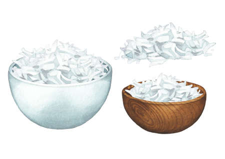 Watercolor bowls and handfuls of coconut flakes isolated on the white backgroundの写真素材