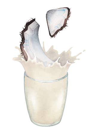 Watercolor sliced coconuts falling into the glass with milk splashes.の写真素材