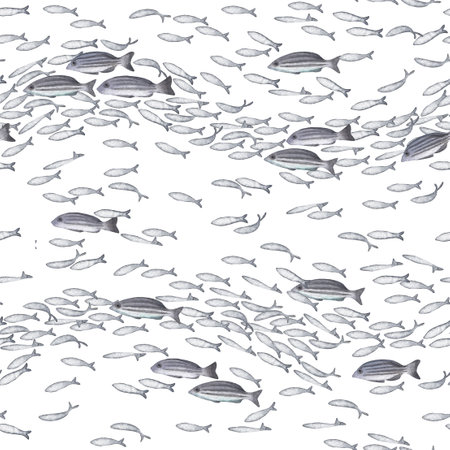 Watercolor school of fish swimming in form of waveの写真素材