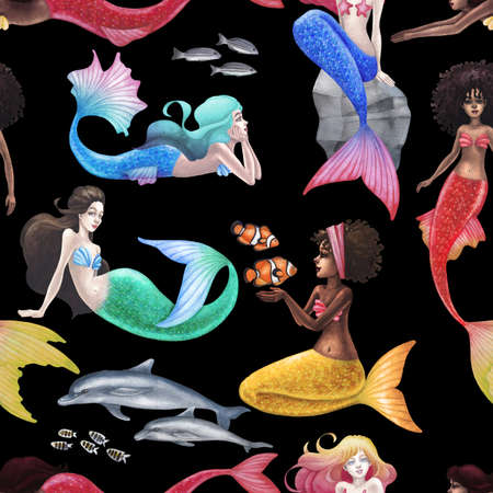 The group of watercolor mermaids with the diverse appearanceの写真素材