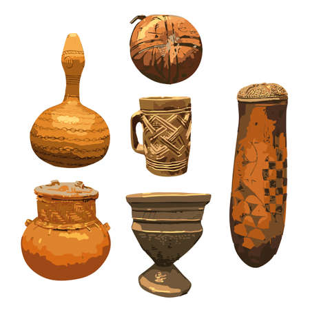 Traditional African culture attributes. Collection of vintage vases.のイラスト素材