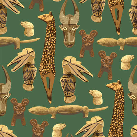 Vector repeated seamless pattern of ancient woodenn sculptures of humansのイラスト素材
