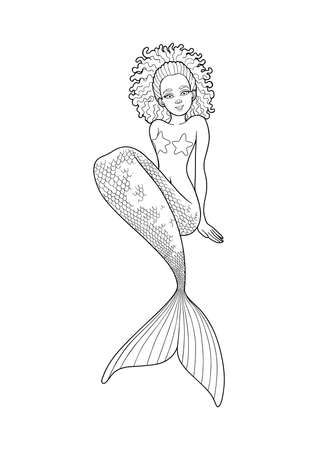Graphic sitting african mermaid isolated on white backgroundのイラスト素材