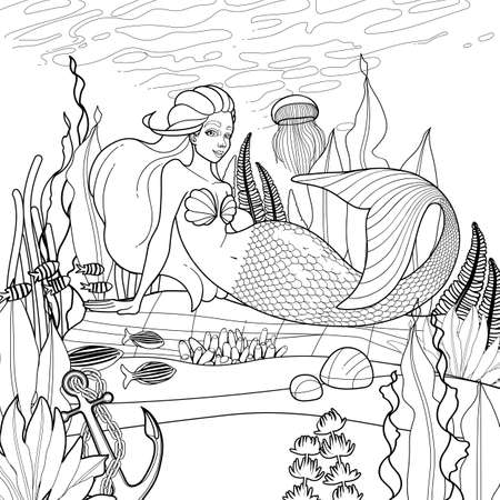 Graphic mermaid lies on the stone at the ocean sandy bottom among the coral reef plants and fishのイラスト素材