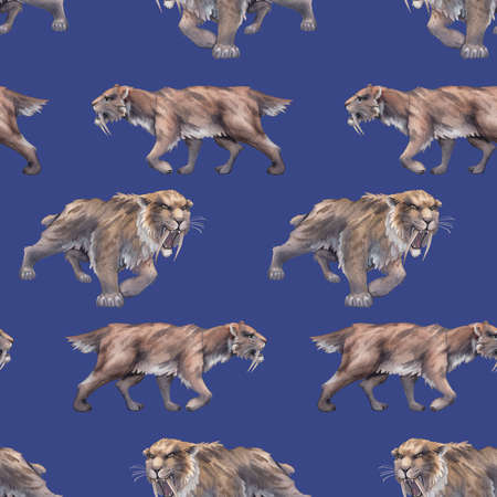 Repeated seamless pattern of a watercolor saber-toothed cat.の写真素材