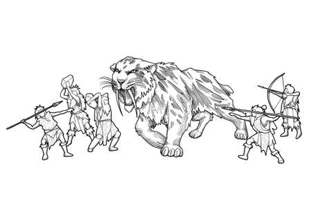 Graphic scene of cavemen fighting with a saber-toothed catのイラスト素材