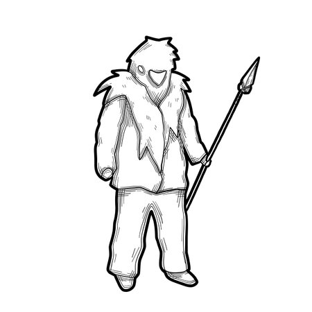 Graphic caveman in an wooly animal skin standing with a spear.のイラスト素材