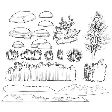Collection of graphic plants, stones and mountains.のイラスト素材