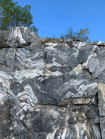 Marble rock wall in an Italian quarry with a trees on top of it