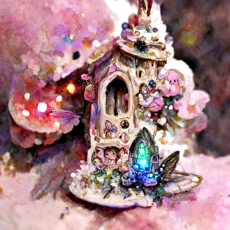 Abstract house of fairies decorated with colored mushrooms, flowers and crystals.の素材