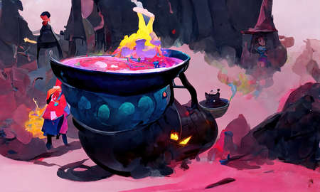 Fantasy cauldron with a magic potion in front of abstract background.の写真素材