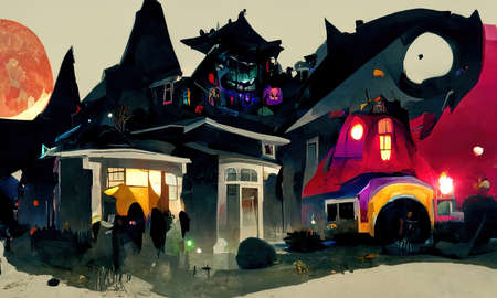 Abstract scary ghost house with Haloween decorations. Trick or treat night.