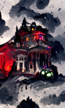 Abstract ominous fabulous mansion of ghosts. Dark Haloween noght. decorations.の写真素材