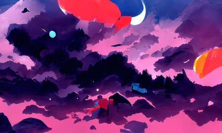 Abstract night sky with moon in vibrant colors and digital watercolor artistic technique.