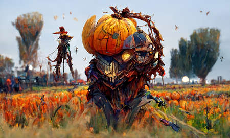 Abstract composition with scarecrow in a pumpkins fields.の写真素材
