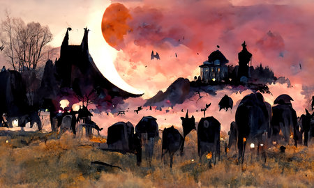 Abstract cenmetry design with graves, tombs and old scary mansionの写真素材